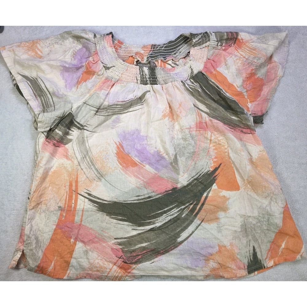 Boho Linen Blend Blouse XL Abstract Brushstroke Top Lightweight Summer Shirt